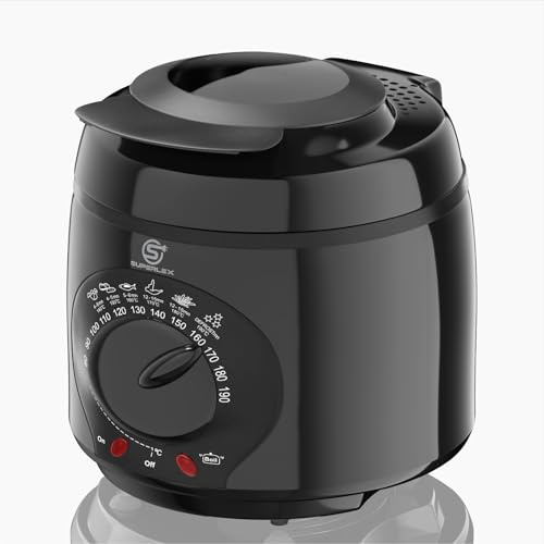 SUPERLEX Deep Fat Fryer 1L Mini Fryer Adjustable Thermostat 80-190°C Non-Stick Pan Chromed Basket Removable Lid Viewing Window Detachable Handle Easy Clean 950W for 2 Portions Chips Chicken Fish