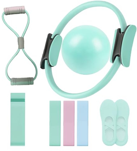 Pilates Ring Set, 14 Magic Circle, Long & Loop Resistance Bands, Soft Pilates Ball, Grip Socks,Puller, Home Workout Equipment for Women & Beginners to Tone, Flexibility & Core Strength (green)