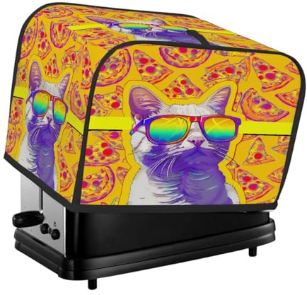 Sunglasses Cat Pizza Pattern Toaster Cover 2 Slice for Kitchen Appliances, Waterproof Oxford Fabric Appliance Cover with Side Pocket & Handle Loop, Dustproof & Wear-Resistant