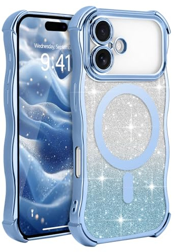 Wirvyuer for iPhone 16 Curly Wave Frame Magnetic Case, Compatible with Magsafe with Removable Glitter Sparkly Card Cover, Clear Shockproof Anti-scratch Phone Case for Women Girls, Blue