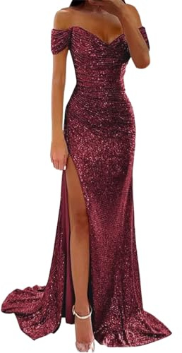 Generisch Robe de bal pour femme - Robe à paillettes - Manches courtes - Couleur pure - Paillettes - Printemps automne hiver - Épaules dénudées - Mode - Invité de mariage - Robe de soirée, Bordeaux, S