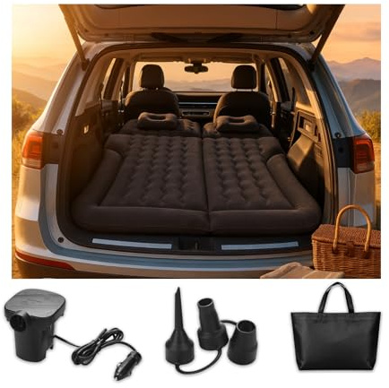 MMOBIEL Materasso Gonfiabile Auto SUV Letto da Campeggio e Viaggio con Pompa Elettrica, Kit Riparazione, Ugello 3-in-1, 2 Cuscini e Borsa – Materasso Gonfiabile Matrimoniale - Nero