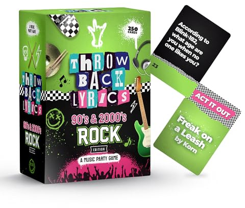 Throwback Lyrics The 90s & 2000s Rock Music Trivia Game with Charades | Finish The Lyrics + Steal Cards | Includes Playlist & Stickers | Adult Party Game Night- 250 Cards