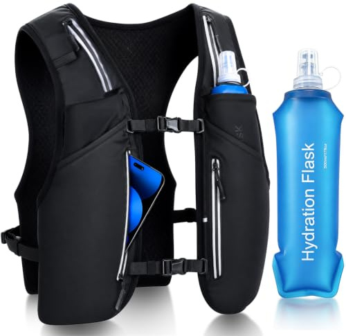 Nextyu Bounce-Free Running Vest for Men Women with Dual Front Flask Pockets | Reflective Hydration Vest with 500ml Flask, Large Phone Holders, 2L Bladder Compartment for Marathon Trail Running & Hiking