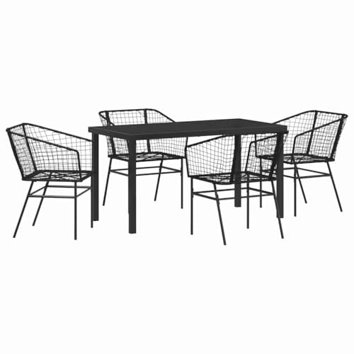 PUGYNBK Gruppo da pranzo in rattan sintetico, 5 pezzi, nero, con piano in vetro e struttura in acciaio, per giardino e terrazza