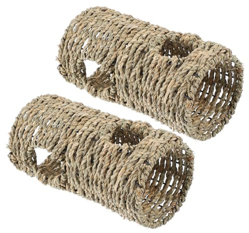 Outanaya Túneles de Paja Natural para Hámster y Ardilla, Juguete de Actividad y Escondite para Mascotas Pequeñas, Pack de 2 Piezas Beige