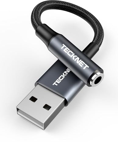 TECKNET USB to 3.5mm Jack Audio Adapter, USB Sound Card, External Stereo Sound Adapter Aluminum with 3.5mm Speaker/Headphone and Microphone Jacks For Windows and Mac PC Laptop Desktops and more,Grey