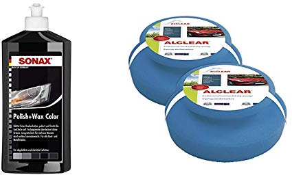 SONAX Polish & Wax Color NanoPro schwarz (500 ml) Politur mit Farbpigmenten und Wachsanteilen auf Nanotechnologie-Basis & ALCLEAR 5713050M Auto Profi Handpolierschwamm, 2 Stück, 130x50 mm
