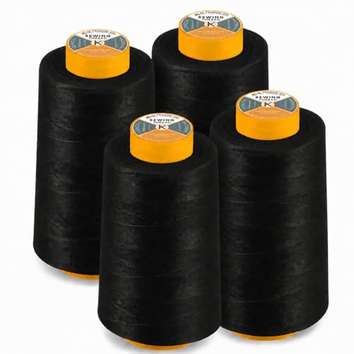 AK Trading 4-Pack Black All Purpose Sewing Thread Cones (6000 Yards Each) of High Tensile Polyester Thread Spools for Sewing, Quilting, Serger Machines, Overlock, Merrow & Hand Embroidery.
