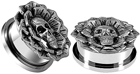 COOEAR Skull Flower Ear Jauges Tunnels de per?age Bouchons de chair Vis à l'arrière des civières en argent Expander 6mm à 25mm.
