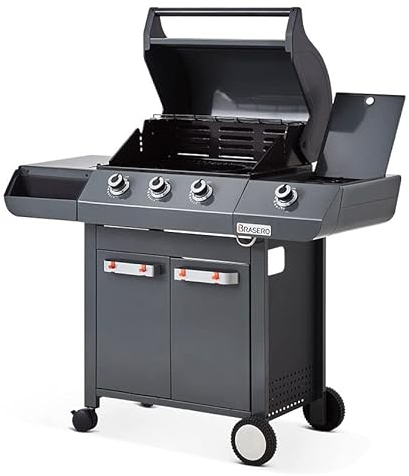 BRASERO - Barbecue Emma Gun Metal 3 Feux + 1 Side - FlexiGrill - Jusqu'à 10 convives - Surface de cuisson 57 x 41,5 cm - 2 Tablettes dont 1 brûleur latéral - Housse de protection