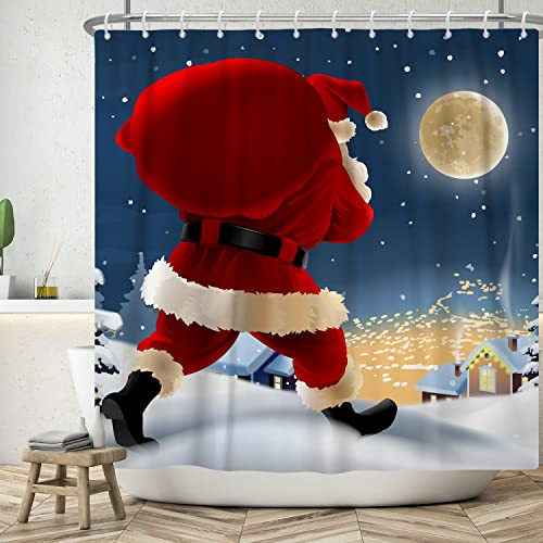 Bovlleetd Babbo Natale Tenda da Doccia 180x180cm Buon Natale Luna Piena Stelle Consegna Regali Natale Decorazione, Impermeabile Lavabile in Poliestere Tende da Bagno con 12 Ganci per Vasca da Bagno