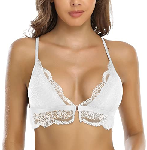 SHEKINI Womens Lace Bra Race Back Halter Neck Bras Wireless Padded Bralette | Front Fastening, Triangle, Removable Pads, Non Wired, Adjustable Straps, Comfortable, Breathable, Everyday