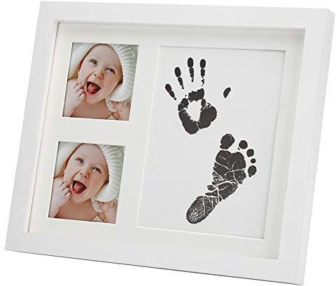 Tre Rutnät Handavtryck och Fotavtryck Kit - Träfotoram med Stämpelbläckdyna för Baby - Decor Present (Vit)