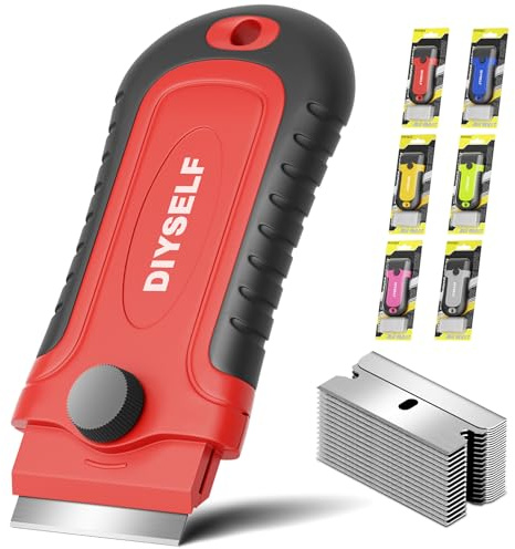 DIYSELF 1 Pack Razor Blade Scraper with 15 Extra Blades, Scraper Tool for Cleaning Window, Paint, Cooktop, Oven, Glass Stove Top Scraper, Razor Scraper with Buit-In Blade Storage