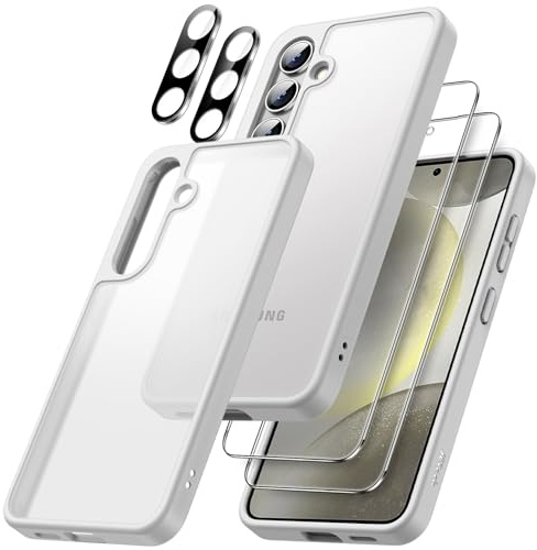 JETech 5 in 1 Matte Case for Samsung Galaxy S24, Silver | 2 Tempered Glass Screen Protectors, 2 Camera Lens Protectors, Translucent Back Protective Phone Cover