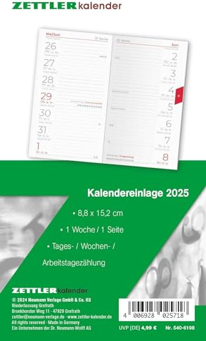 Recambio de calendario 2025 – para el planificador de bolsillo tipo 540 – 8,8 x 15,2 cm – 1 semana en 1 páginas – cuaderno de direcciones separado – plegable – cuaderno de notas – 520-6198