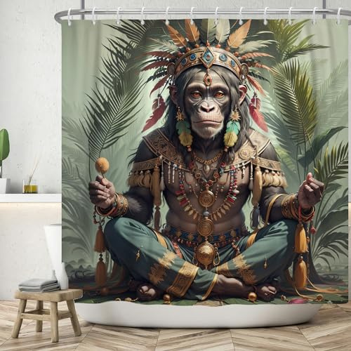 ASDCXZ Duschvorhang 180x200 cm, Handgemalt Lustig Afrika Gorilla Pharao Grün Palmblätter Bad Waschbar Duschvorhänge Polyester Textil Wasserdicht Badevorhang für Badewanne mit 12 Haken
