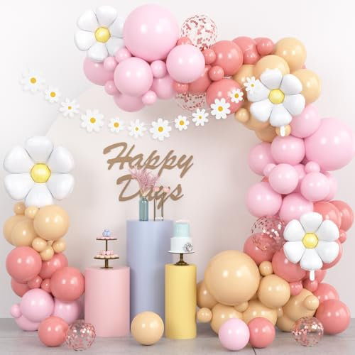 Set di Palloncini Compleanno Margherite, Kit Ghirlanda di Palloncini Pastello con Striscioni, Palloncini Retrò Rosa Albicocca per Matrimoni Boho Baby Shower Compleanno Anniversario Fidanzamento