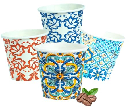 Bicchierini da Caffè 1000 Pezzi, Usa e Getta Biodegradabili 75 ml, Tazzine Caffè Espresso Monouso Compostabili Ecologiche in Carta, Resistenti, con Fantasie Maiolica, per Eventi, Feste, Catering, Bar