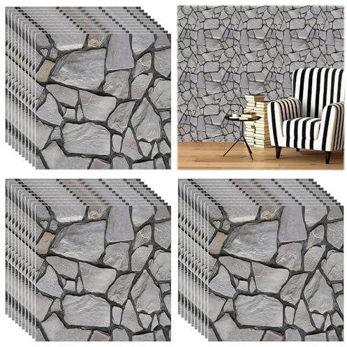 30 Stück Tapete Wandverkleidung Steinoptik, 30×30 cm Wasserdichte PVC Steintapete, 3D Wandpaneele Steinoptik Selbstklebend, Wandpaneele für Wandtür Schlafzimmer Küche