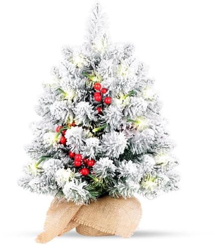 Mini Albero di Natale 50cm, Albero Natale Innevato Piccolo da Tavolo con Luci, Alberi Natale Artificiale con Pigne e Bacche Rosse per Natale Decorazioni casa, ufficio, bar, tavola, Interni ed Esterni
