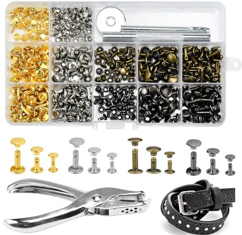 LIMITADA 180 Paires Rivets pour Cuir 3 Tailles, Bouton Pression Cuir, Rivet Tubulaire à Frapper, Rivets Double Calotte, Rivet Creux Laiton et Outil de Fixation et Perforatrice, pour DIY Déco Vêtement