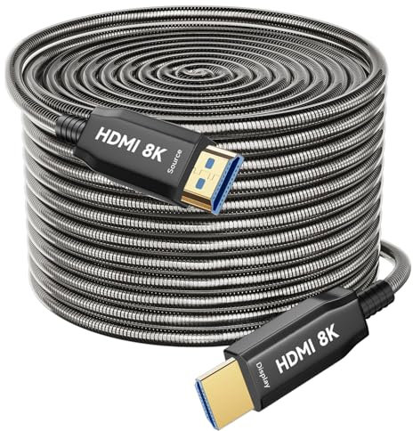 Ploiwue Câble HDMI 8K 50 m en fibre optique active AOC 2.1 48 Gbit/s ultra haute vitesse en acier inoxydable renforcé armure protection fonction pour HDTV/projecteur, home cinéma, TV et boîte de jeu