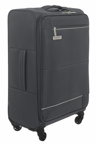 Hodge and Hodge H&H 24'' Ultra Lightweight Soft Shell Trolley Case Grey Medium Suitcase with 360 Spinner Wheels, Telescopic Handle, Lockable Zip, Front Pocket and Durable 420D Polyester