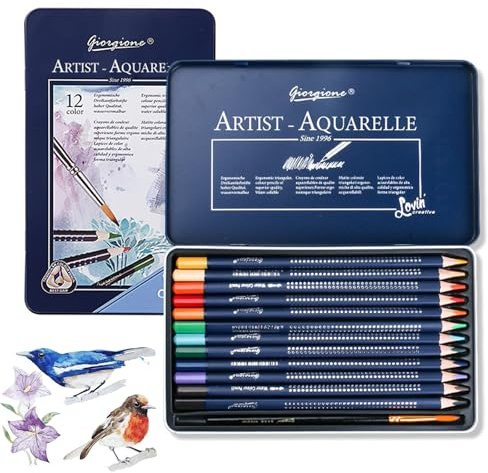 Watercolour Pencils - 12 PCS Colouring Pencils Watercolour, Water-Soluble Coloured Pencils for School, Beginners, Kids, and Adults | Water-Based, Soft Colours, Wooden Barrel with Tin & Fine Brush