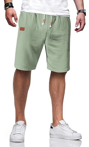 TARAINYA Pantalón Corto Hombre en Mezcla de Algodón y Lino con Cordon Ajustable y Bolsillos Verde Menta 4XL