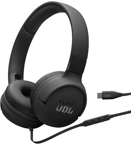 JBL Tune 520 C Auriculares con Cable, Ajuste cómodo, micrófono, Sonido Pure Bass, preajustes de ecualización, conectividad USB-C, diseño Plegable y Cable sin enredos, Negro
