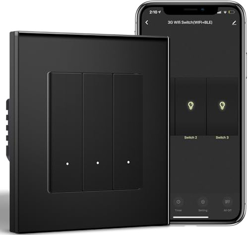 BSEEDLIFE WIFI Smart väggbrytare, 3 brytare, 1-vägs, 86 x 86 mm, WIFI-strömbrytare, kompatibel med Alexa och Google Home (Tuya/Smart Life-app), svart
