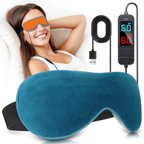 Maschera per gli occhi riscaldata, per blefarite e occhi secchi, contro occhiaie, 20 impostazioni di temperatura, timer da 5 a 99 minuti, cotone, blu turchese