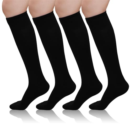 LOFIR Chaussettes Hautes en Coton Femmes: Chaussettes Longues Montante Sans Couture pour Femmes Étudiantes Jupe Courte Upe Sport Voyage Travail 4 Paires Taille 35-38 Noir