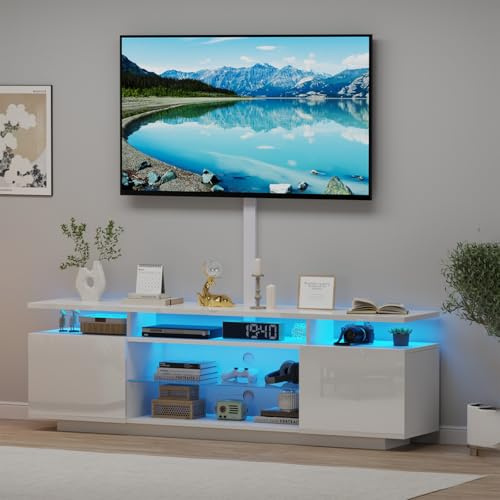 TRIOBLADE 160cm TV Stand Cabinet with Storage White High Gloss TV Unit Cabinet with LED Lights Modern Entertainment Unit for Living Room Bedroom for up to 75 TVs (White Adjustable tv stand)