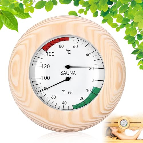 BIZOI Wood Sauna Thermometer and Hygrometer, 2-In-1 Round Wooden Sauna Digital Thermo-Hygrometer, High Accuracy Sauna Accessories for Measuring Steam Room Sauna Room Temperature and Humidity