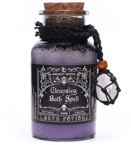 Ancient Wisdom Bath Spell Potion, Cleansing Ritual, Lavender & Herbs, Himalayan Salt with Essential Oils, Crystal Amulet