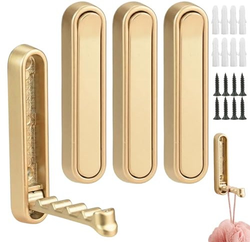 4 Pcs Foldable Wall Hooks for Hanging, Heavy Duty Aluminum Gold Coat Hooks Wall Mount with Wave Anti-Slip Design, Folding Wall Hook for Towel, Bag, Key, Robe, Entryway Bathroom Kitchen, 2 Ways Install