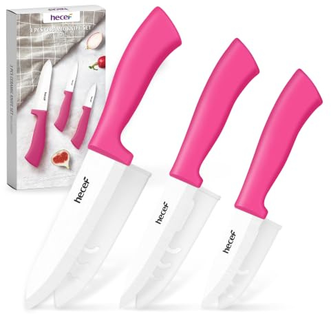 hecef Keramisk Knivset 3 delar med Knivskydd, Bekvämt Rosa Handtag | Ultravassa keramiska med kockkniv, allkniv och skalkniv, lätta och perfekta för frukt och grönsaker