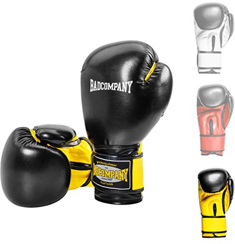 Bad Company boxhandskar av konstläder med ventilationssystem och brett box-bandage med kardborrlås i olika färgkombinationer för boxträning, sparring och sparklådor I viktklasser 35 ml – 40 ml Svart och gul 12 Unzen (oz)