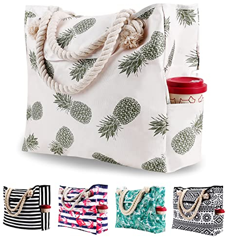Grande Sac de Plage en Toile Femme Homme - XXL Cabas Sac Shopping Voyage Ete avec Boucle Magnétique, Sacs d'épaule de Natation Sport avec Poignées en Coton Corde, Ananas Tropical
