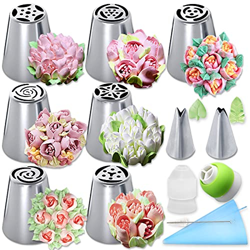 Acehome Russian Piping Tips Set, Flower Frosting Stainless Steel Icing Piping Nozzles Cake Decorating Baking Supplies with Silicone Pastry Bags for Cupcakes Dessert