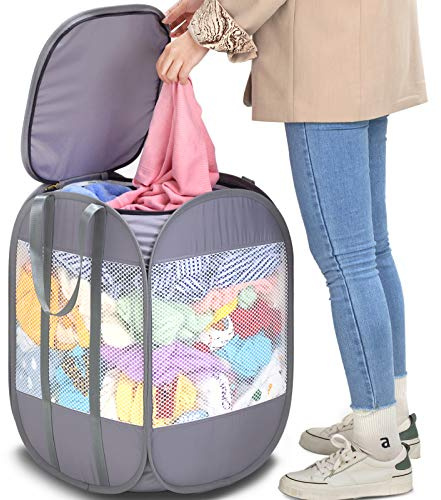 1.5 Loads, Pop-up Laundry Hamper with Extended, Thickened and Reinforced Handles, Tear Proof, Laundry Basket with Zipper Lid, With YKK Zipper, Honey Comb Mesh, Breathable, 14.9*14.9*21.6 (white)