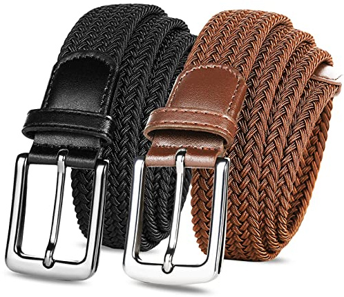 Golf Ceinture Unisex Elastic Tressé Ceinture pour hommes et femmes 2 Pack, Vintage Tissu Élastique Tissé Tressé Extensible pour Jeans Golf Sports (53''(135cm)Fits Waist 46''-50'', Noir+Marron)