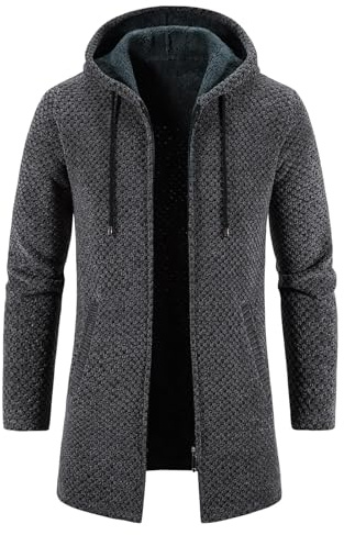 KUDORO Cardigan Gilet Homme Long à Capuche Zippé Cardigan en Tricot Hoodie Épais et Décontractée Polaire Chandail Sweats à Capuche