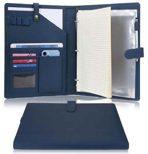 Wonderpool Porte-documents en Cuir A4 Padfolio Anneaux Planchettes à pince Classeur Ramovible avec Portebloc Notes et Organiseur Multi-poches pour Bureau Conférence Réunion et Travail (Bleu foncé)