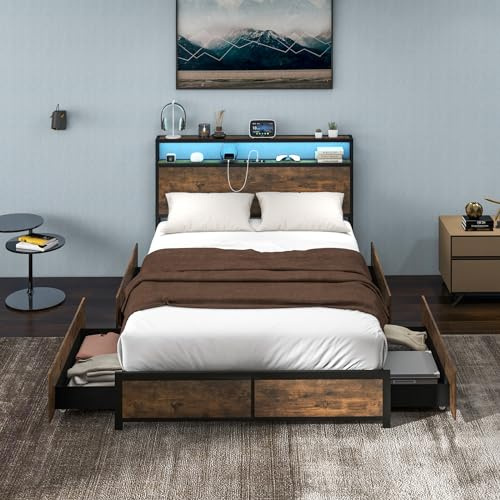 COSTWAY Letto Matrimoniale 140x200 cm, con 4 Cassetti e Testiera, Struttura Letto con Luci LED Regolabile e Presa Multipla, Carico Massimo 300kg, Silenzioso