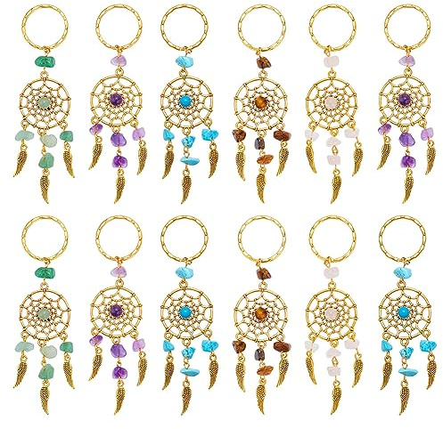 PH PandaHall 12pcs Dream Catcher Keychain Stone Key Chains Crystal Quartz Gemstone key Rings Feather Key Chain Dream Catcher Keyring Lucky Decor for Bag Home Hanging Ring Ornaments Car Pendant