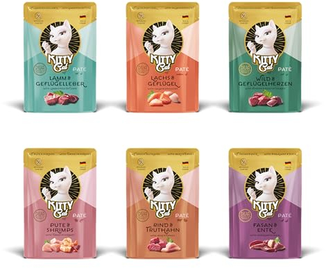 KITTY Cat Paté Mix 2, 6 x 85 g, Nassfutter für Katzen im Probierpaket, getreidefreies Katzenfutter mit Taurin, Lachsöl und Grünlippmuschel, Alleinfuttermittel mit hohem Fleischanteil, Made in Germany